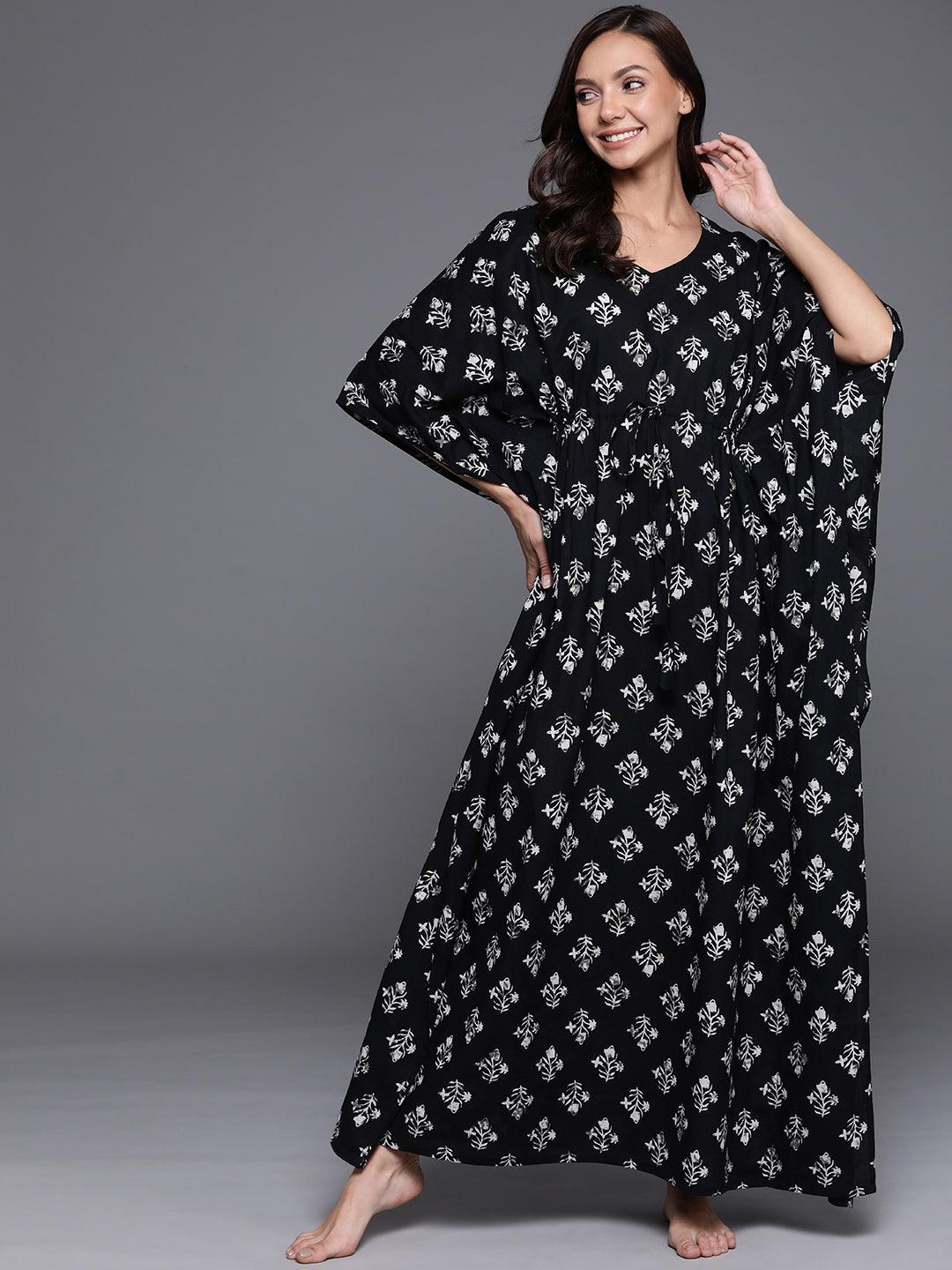 Black Printed Cotton Nightdress - ShopLibas