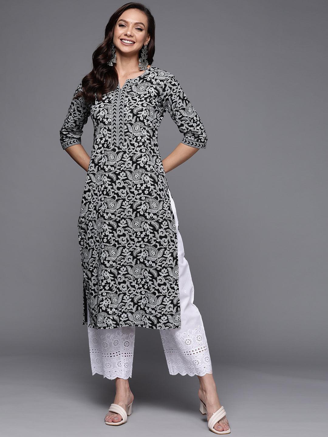 Black Printed Cotton Straight Kurta - ShopLibas