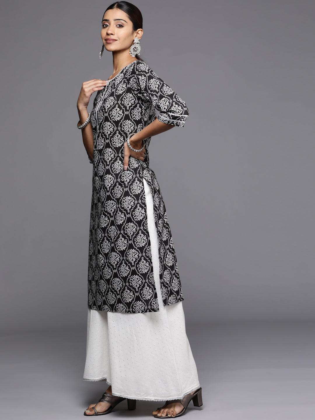 Black Printed Cotton Straight Kurta - ShopLibas