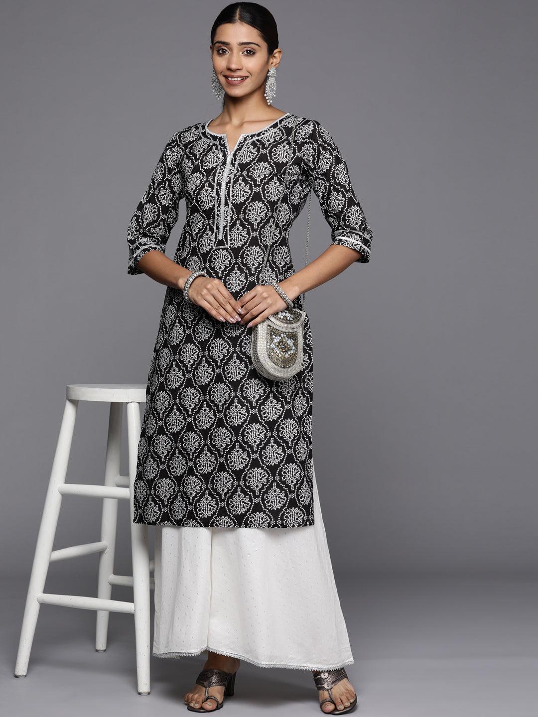 Black Printed Cotton Straight Kurta - ShopLibas