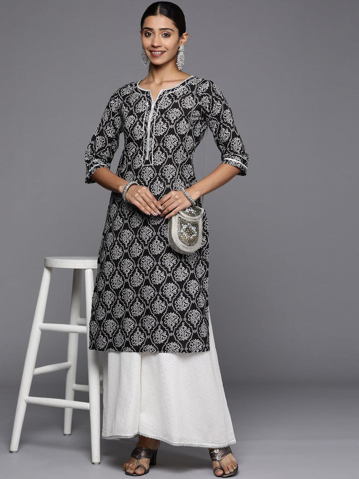 Black Printed Cotton Straight Kurta