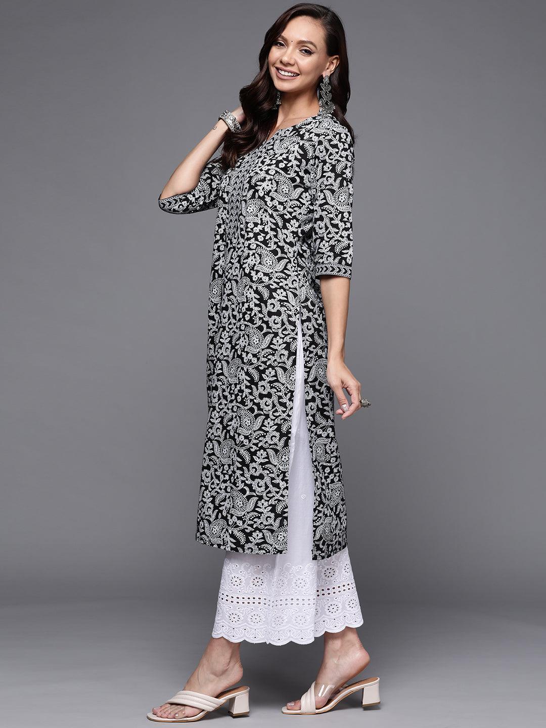 Black Printed Cotton Straight Kurta - ShopLibas