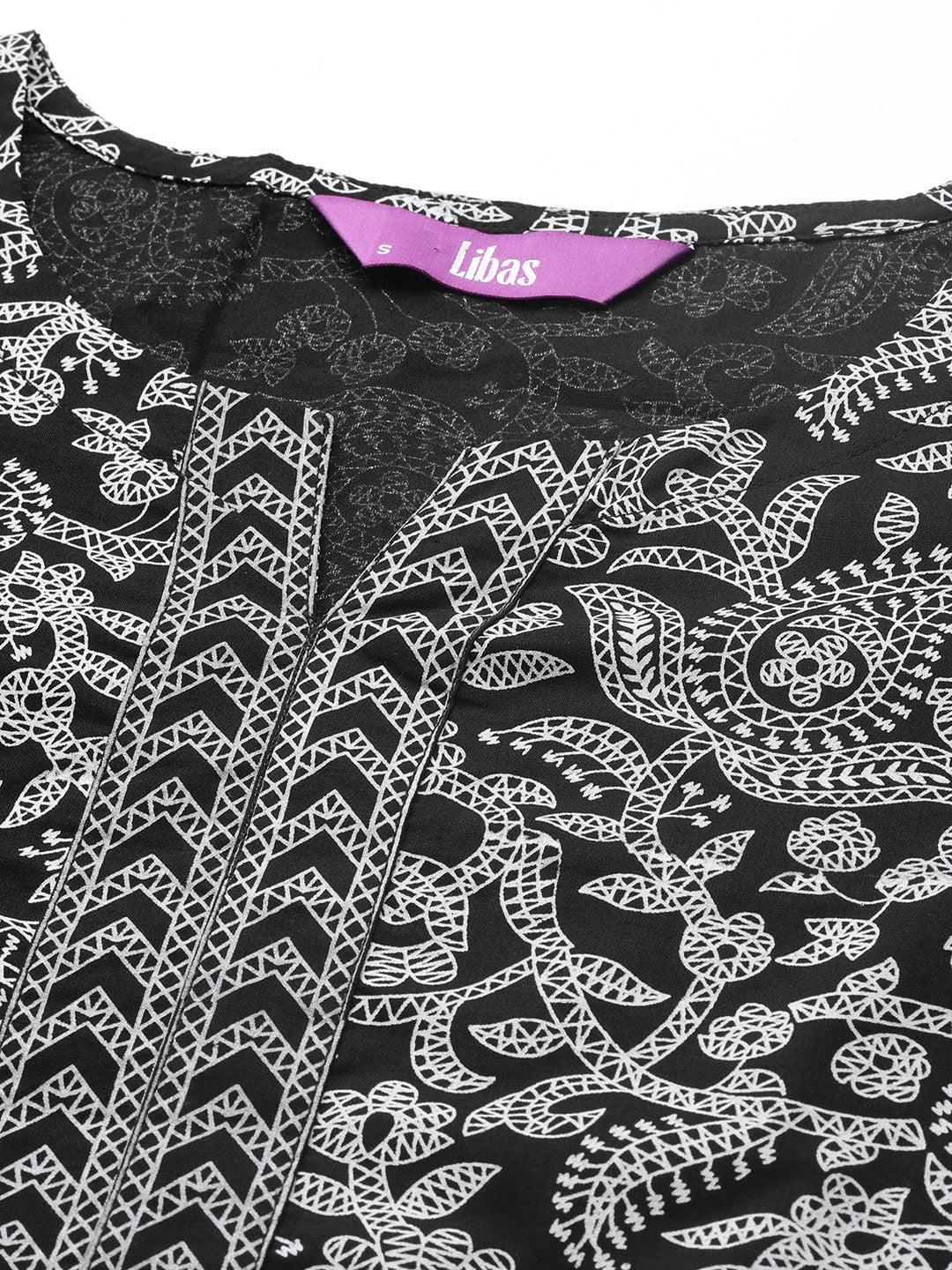 Black Printed Cotton Straight Kurta - ShopLibas