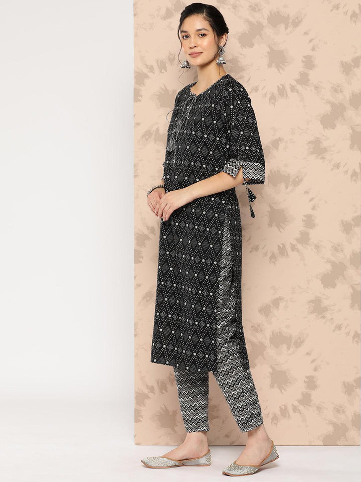 Black Printed Cotton Straight Kurta With Trousers and Dupatta