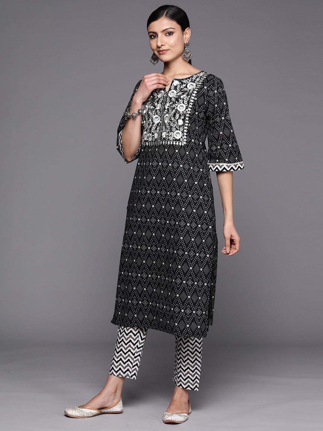 Black Printed Cotton Straight Suit Set With Trousers - ShopLibas