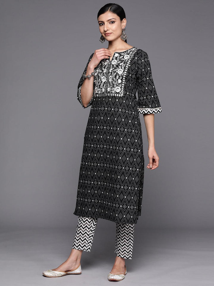 Black Printed Cotton Straight Suit Set With Trousers