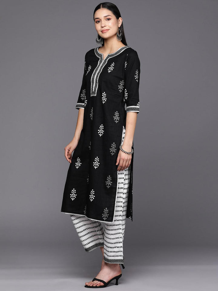 Black Printed Cotton Straight Suit Set With Trousers
