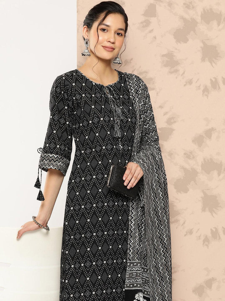 Black Printed Cotton Straight Kurta With Trousers and Dupatta