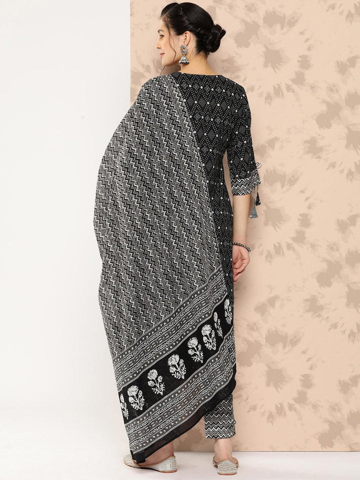Black Printed Cotton Straight Kurta With Trousers and Dupatta