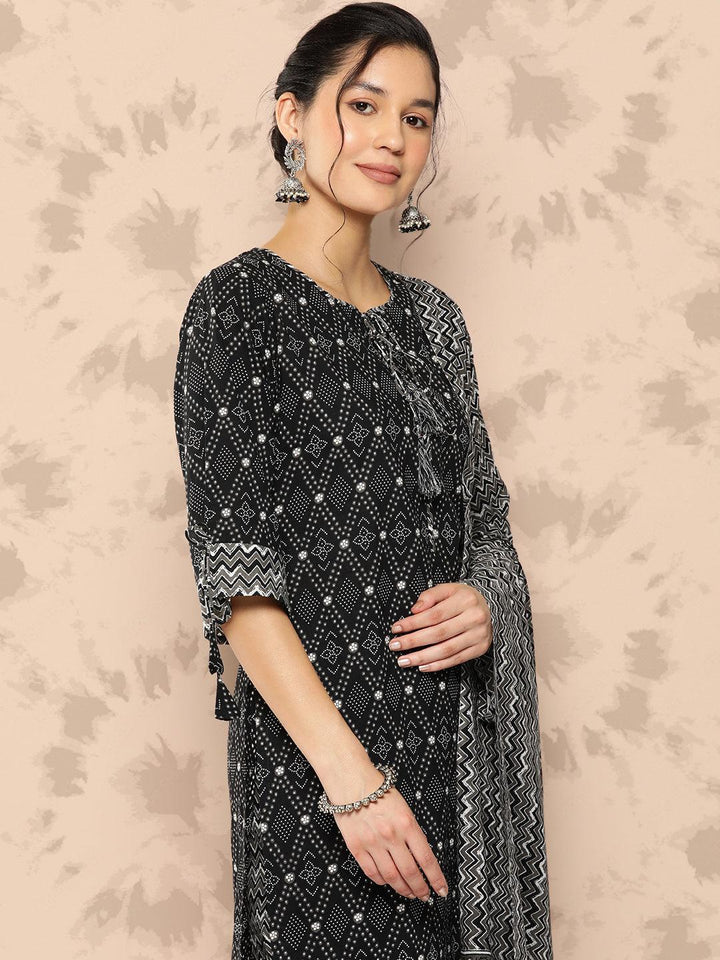 Black Printed Cotton Straight Kurta With Trousers and Dupatta