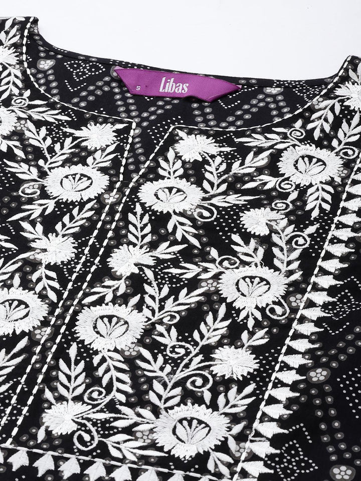 Black Printed Cotton Straight Suit Set With Trousers