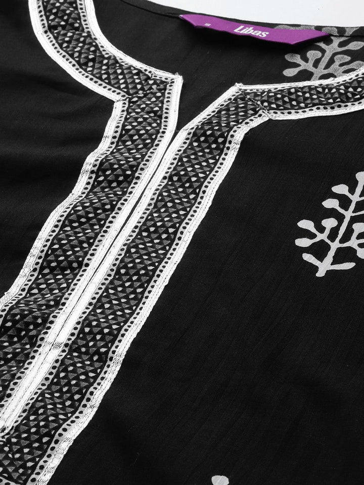 Black Printed Cotton Straight Suit Set With Trousers