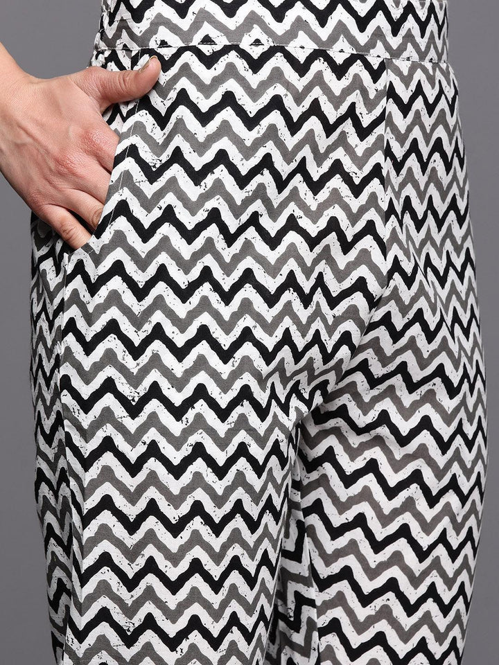 Black Printed Cotton Straight Suit Set With Trousers