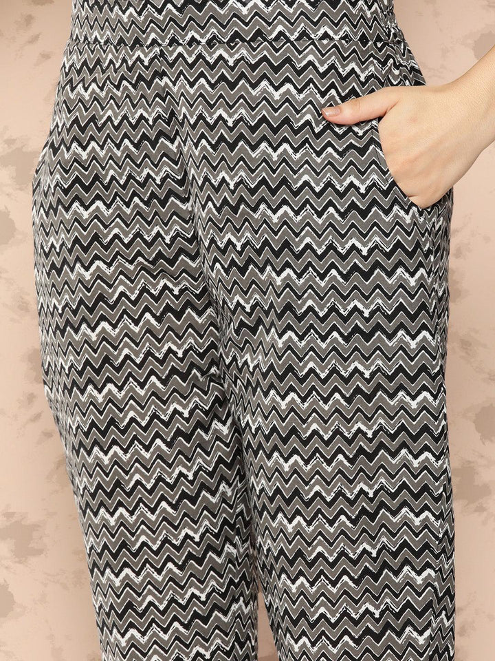 Black Printed Cotton Straight Kurta With Trousers and Dupatta