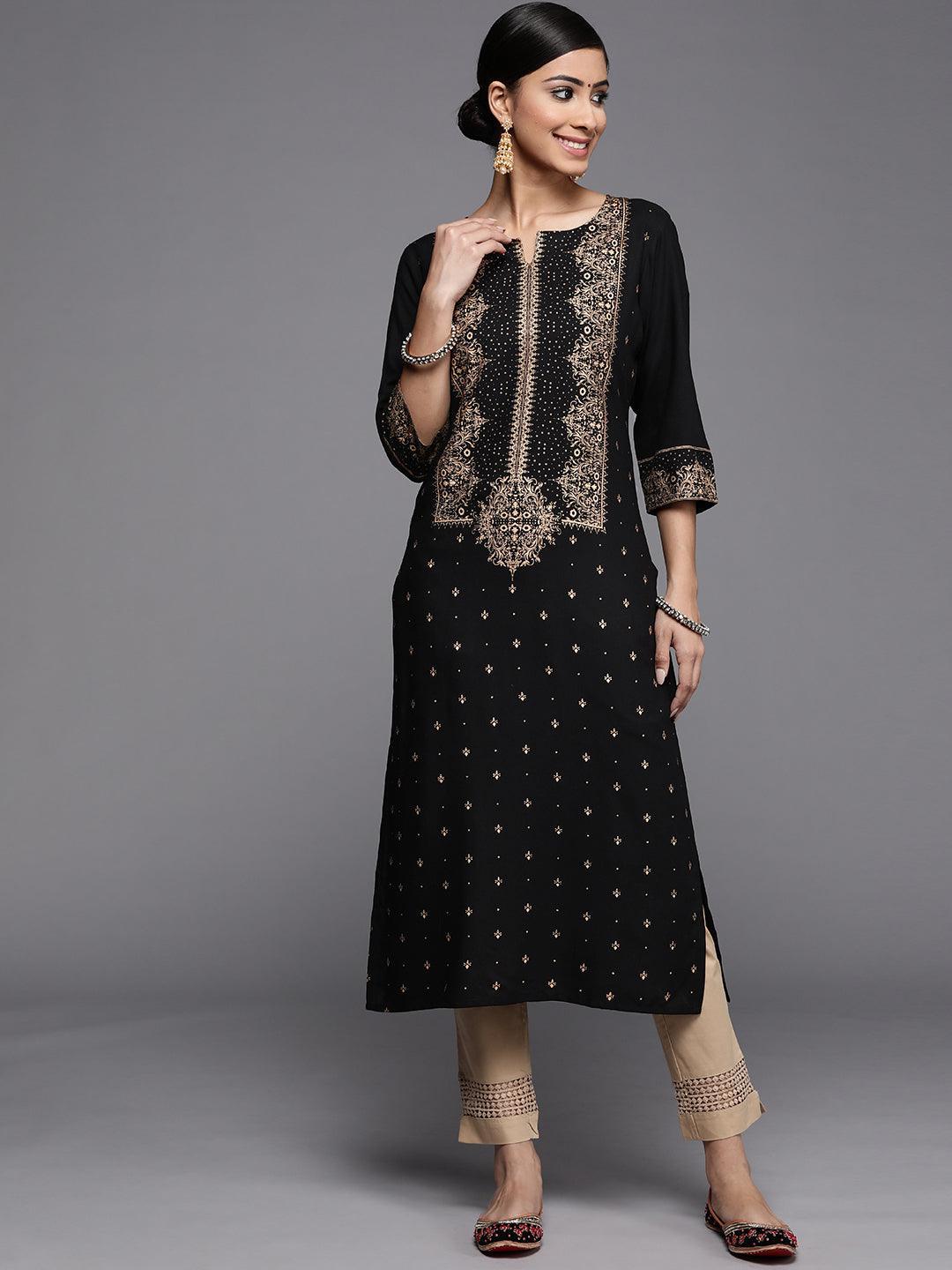 Black Printed Rayon Kurta - ShopLibas