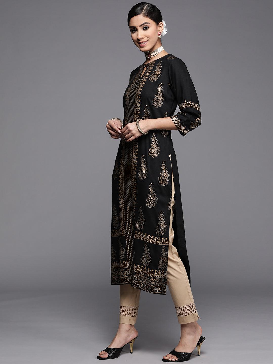 Black Printed Rayon Kurta - ShopLibas