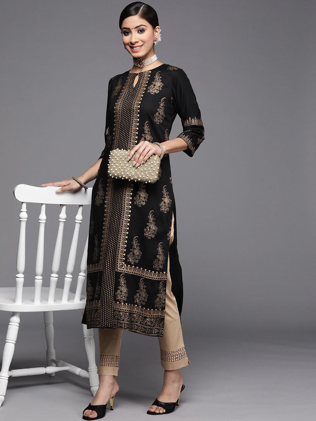 Black Printed Rayon Kurta - ShopLibas