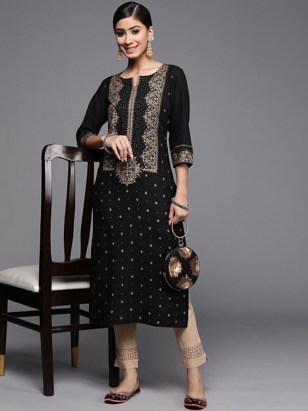 Black Printed Rayon Kurta - ShopLibas