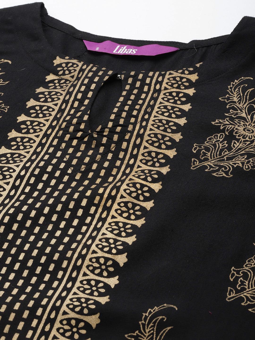 Black Printed Rayon Kurta - ShopLibas