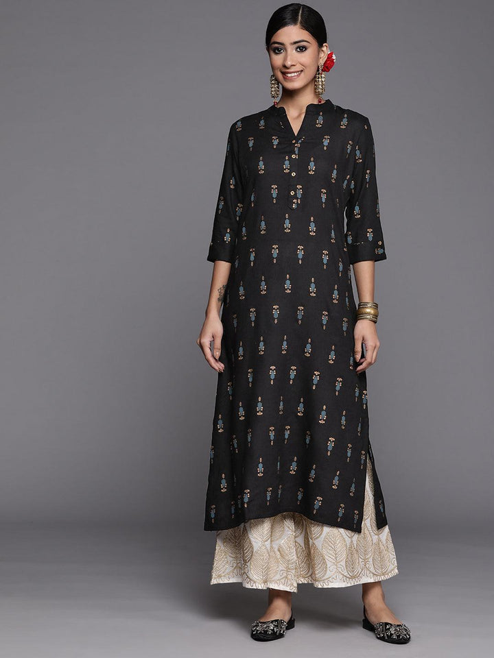 Black Printed Rayon Straight Kurta