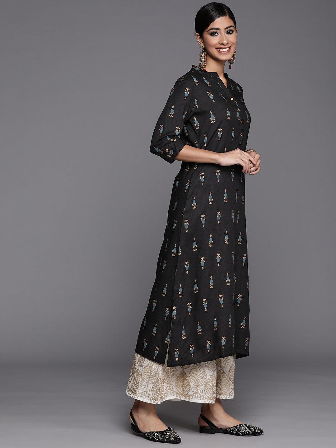 Black Printed Rayon Straight Kurta - Libas