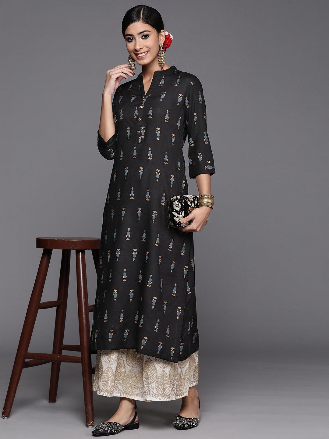 Black Printed Rayon Straight Kurta - Libas