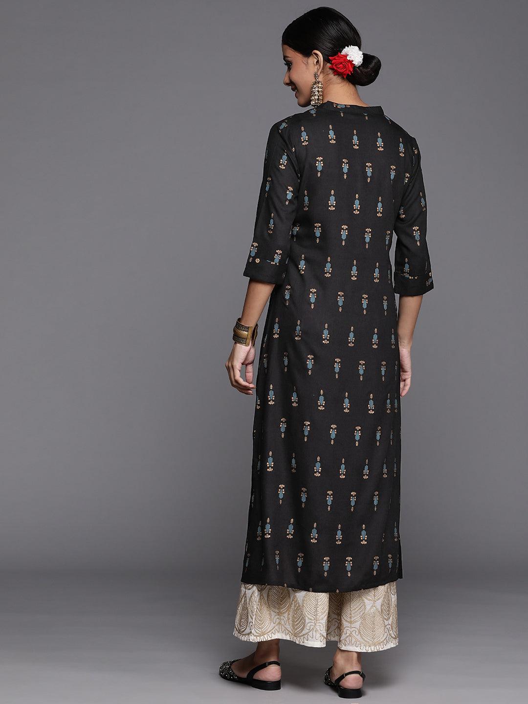 Black Printed Rayon Straight Kurta - Libas
