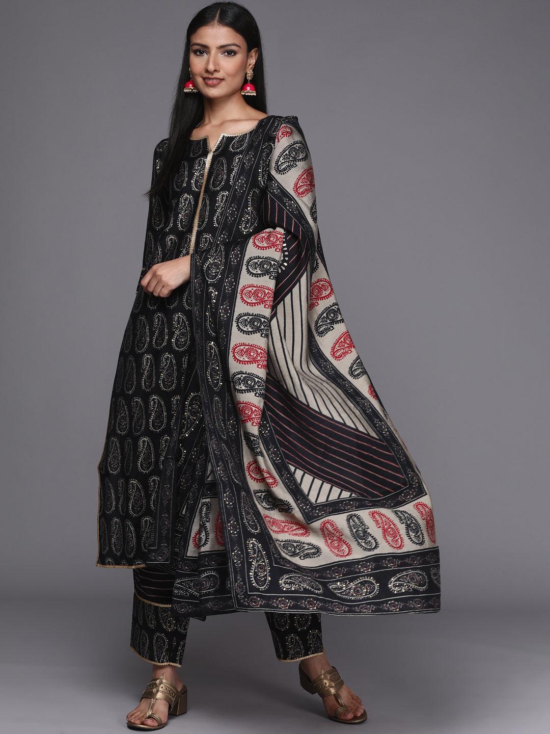Black Printed Silk Blend Anarkali Suit With Dupatta