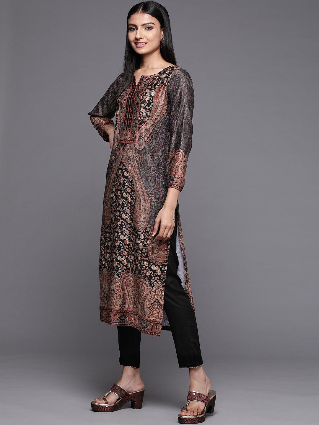 Black Printed Velvet Straight Kurta - Libas
