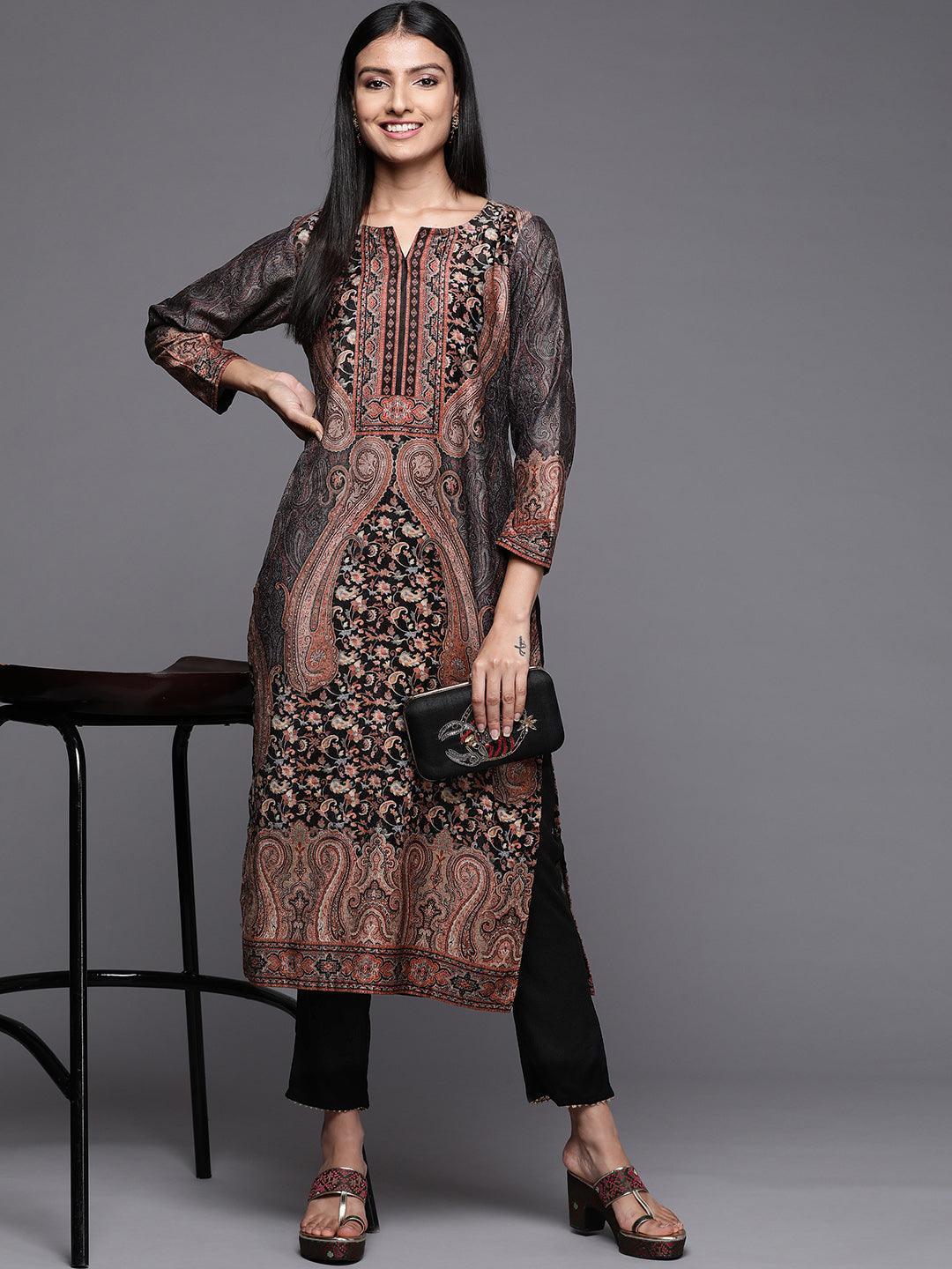 Black Printed Velvet Straight Kurta - Libas