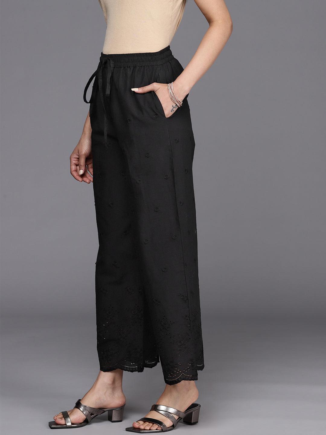 Black Self Design Cotton Palazzos - ShopLibas