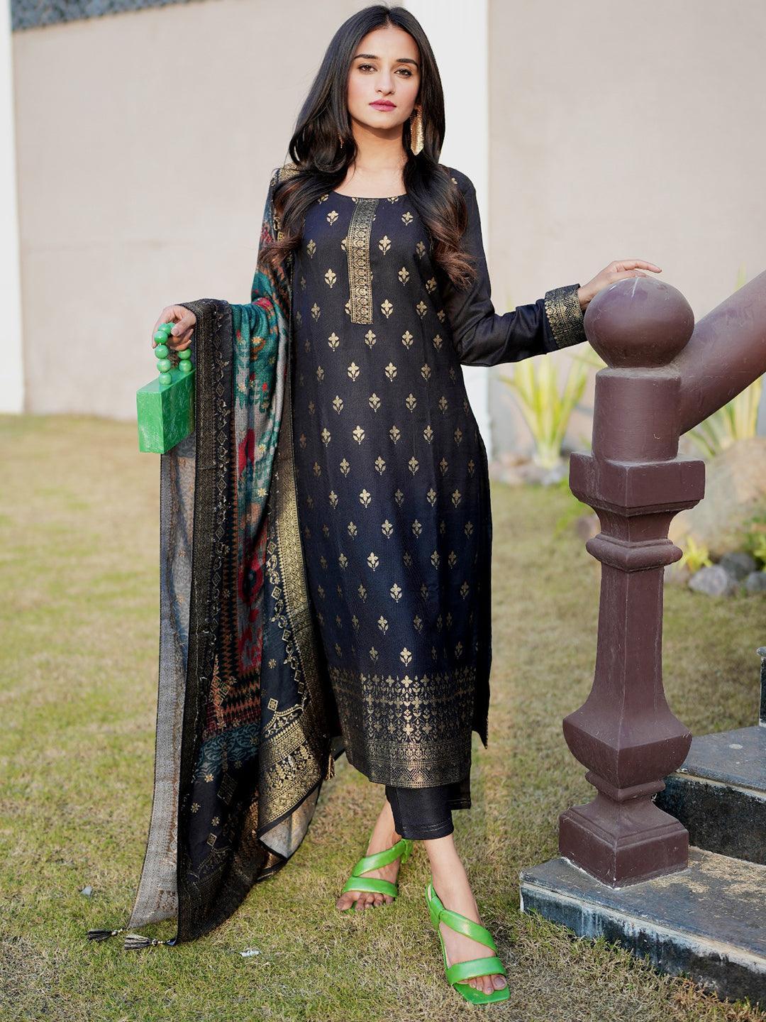 Black Self Design Pashmina Wool Straight Suit Set - ShopLibas