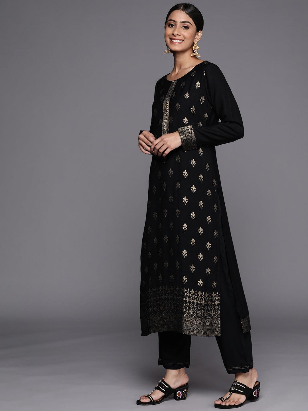 Black Self Design Pashmina Wool Straight Suit Set - ShopLibas