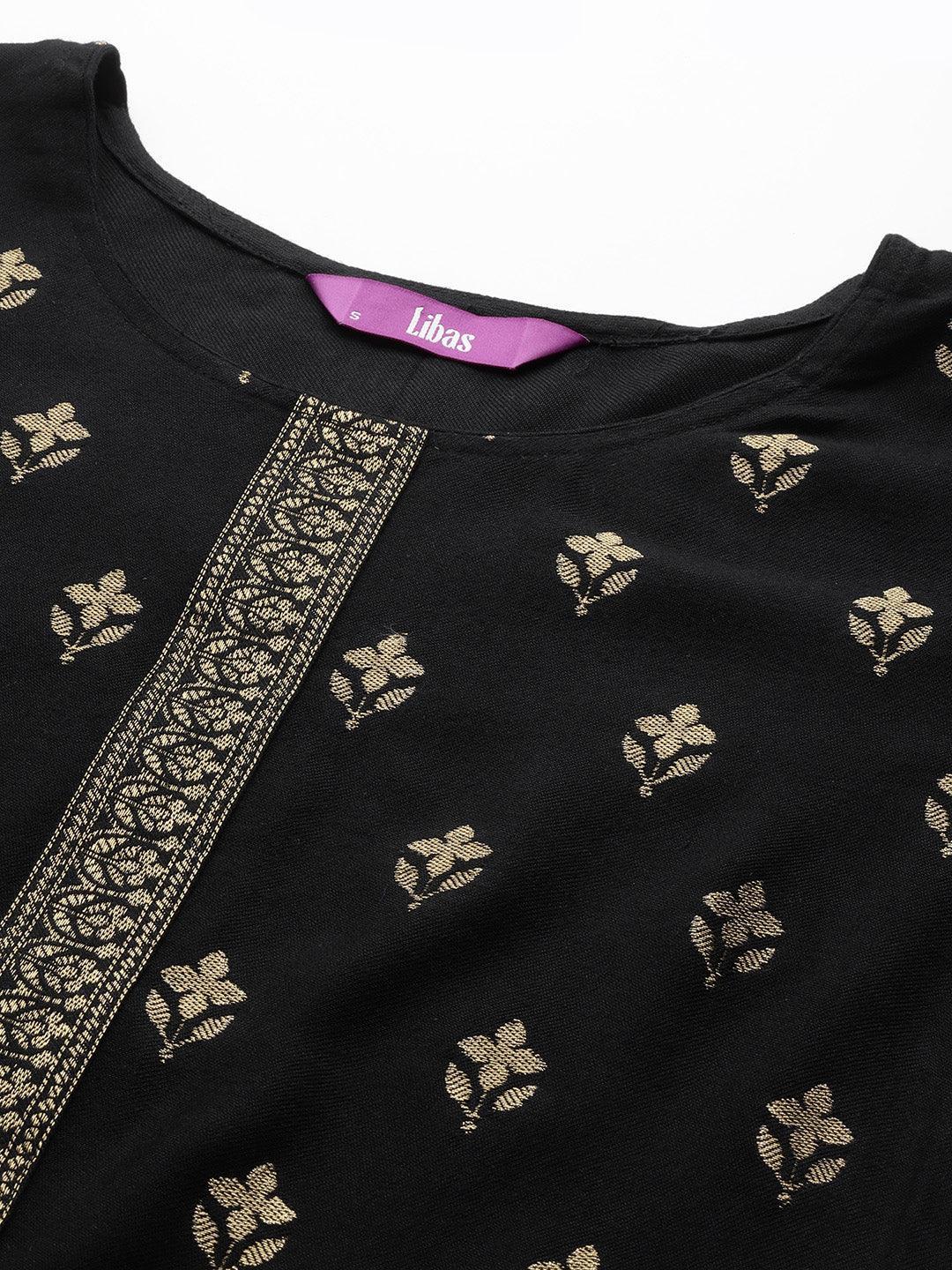 Black Self Design Pashmina Wool Straight Suit Set - ShopLibas