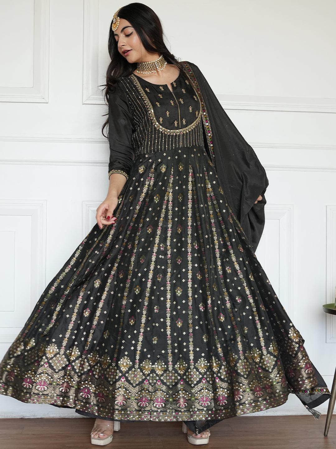 slim fit dress slacks Black Color Long Anarkali Suit Having Golden Zari Work On Yoke Medium 36