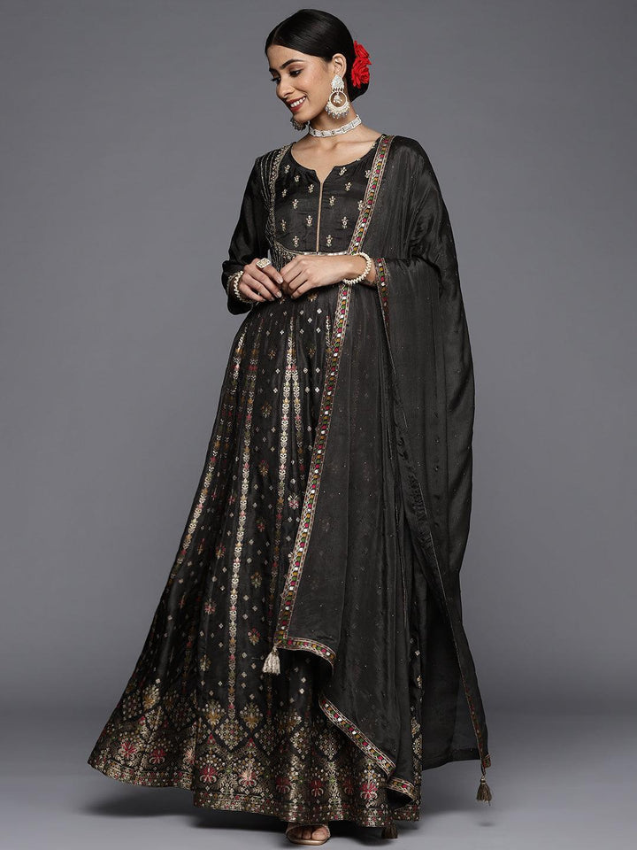 Black Self Design Silk Anarkali Suit Set