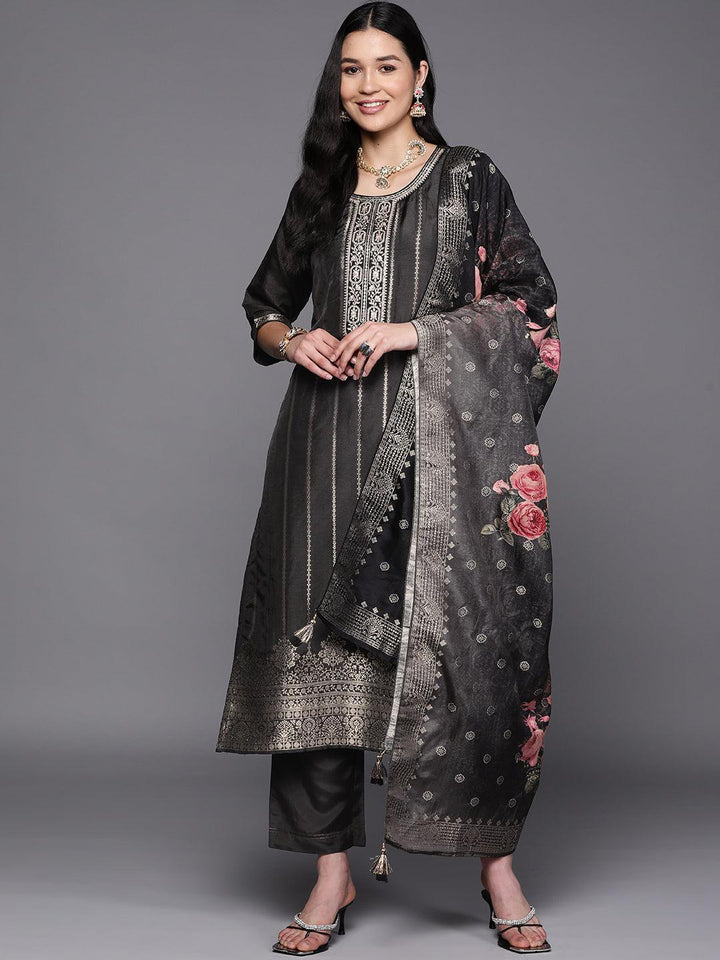 Black Self Design Silk Suit Set With Trousers