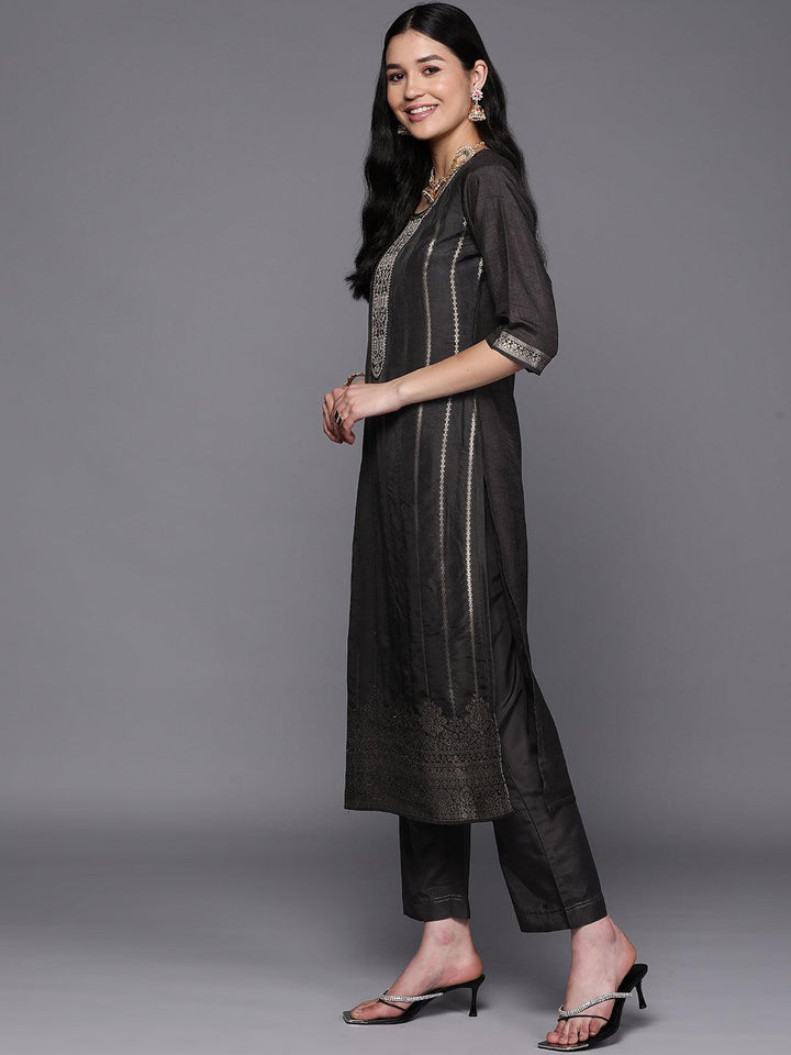 Black Self Design Silk Suit Set With Trousers