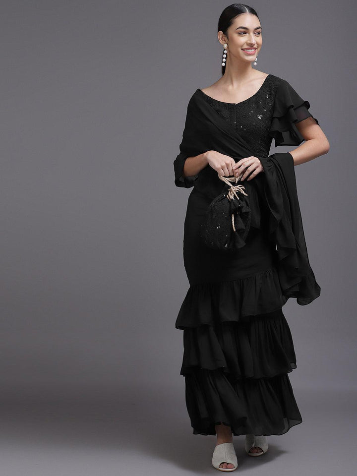 Black Solid Georgette Ready to Wear Saree With Potli