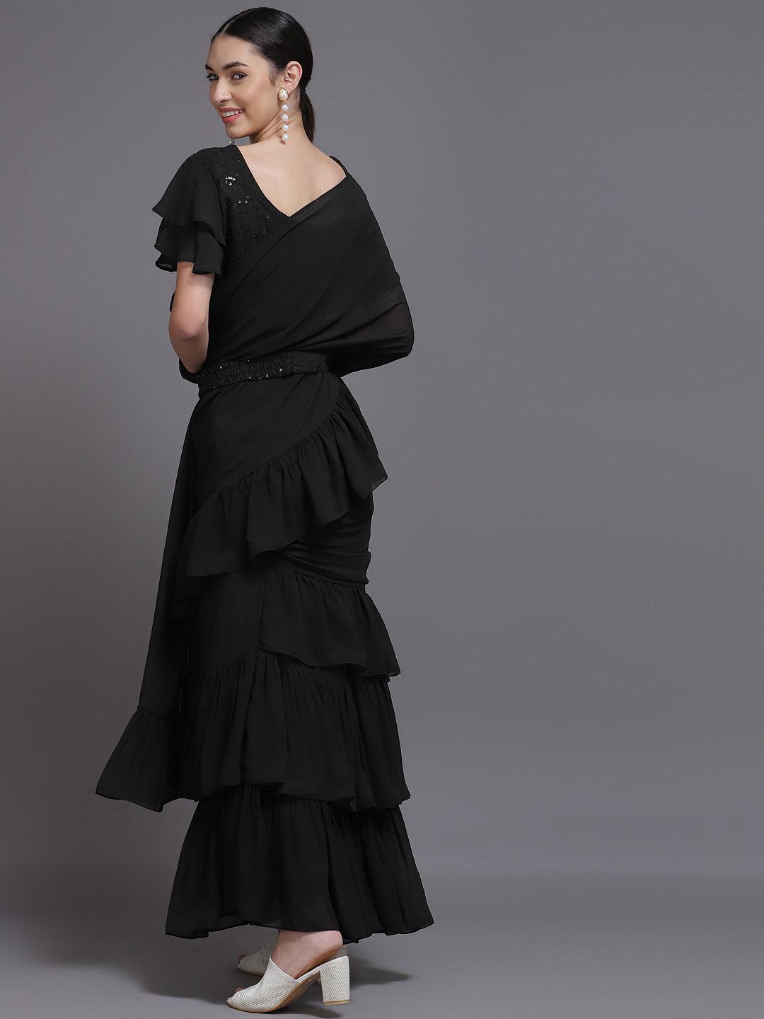 Black Solid Georgette Ready to Wear Saree With Potli - ShopLibas