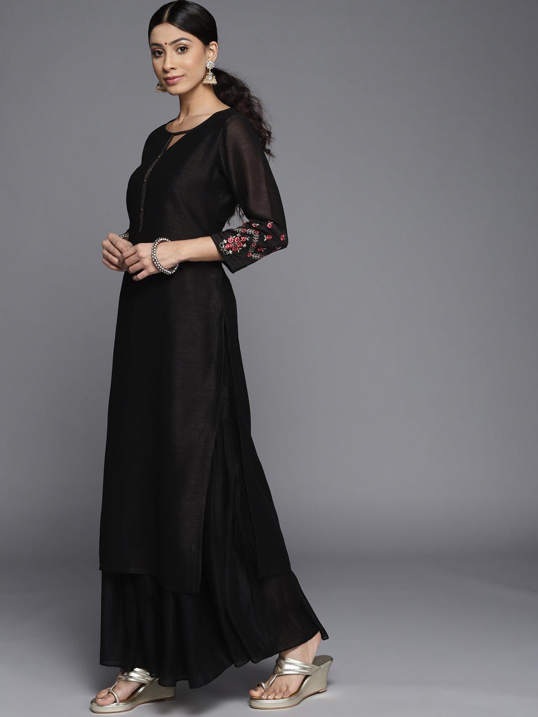 Black Solid Silk Kurta - ShopLibas