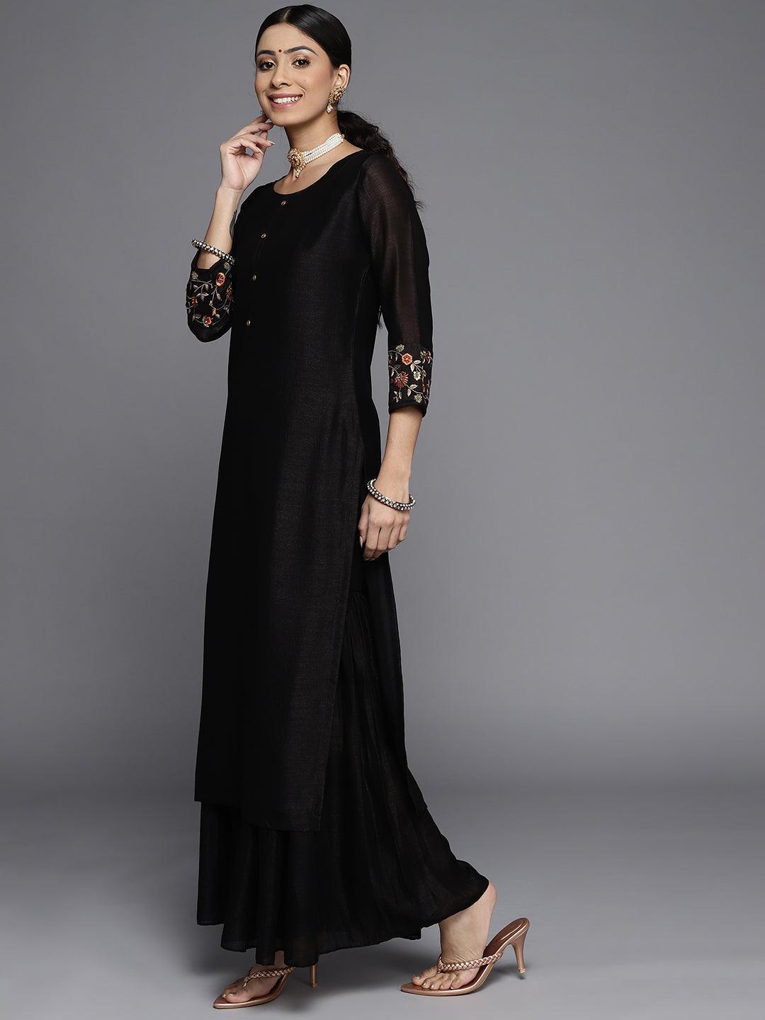 Black Solid Silk Kurta - ShopLibas