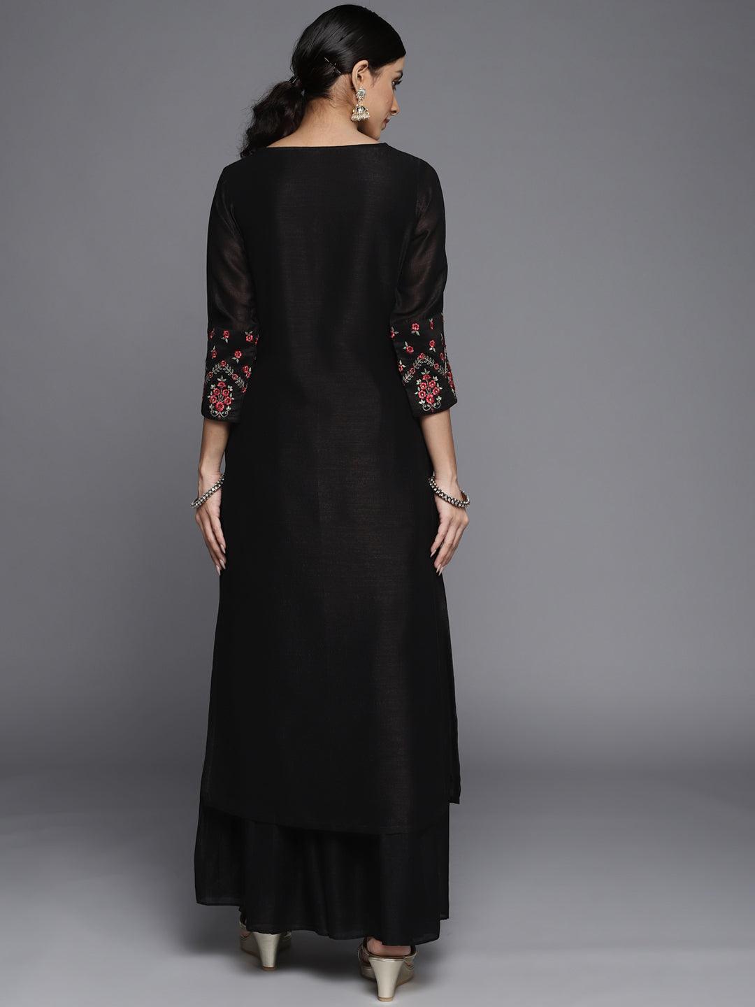 Black Solid Silk Kurta - ShopLibas