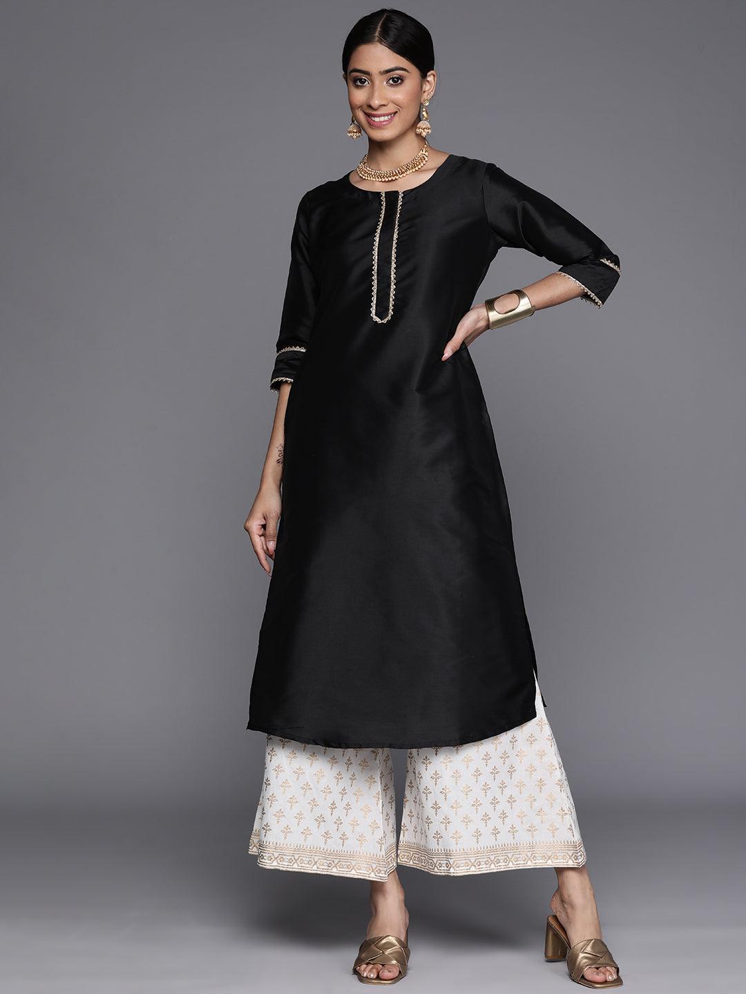 Black Solid Silk Straight Kurta - ShopLibas