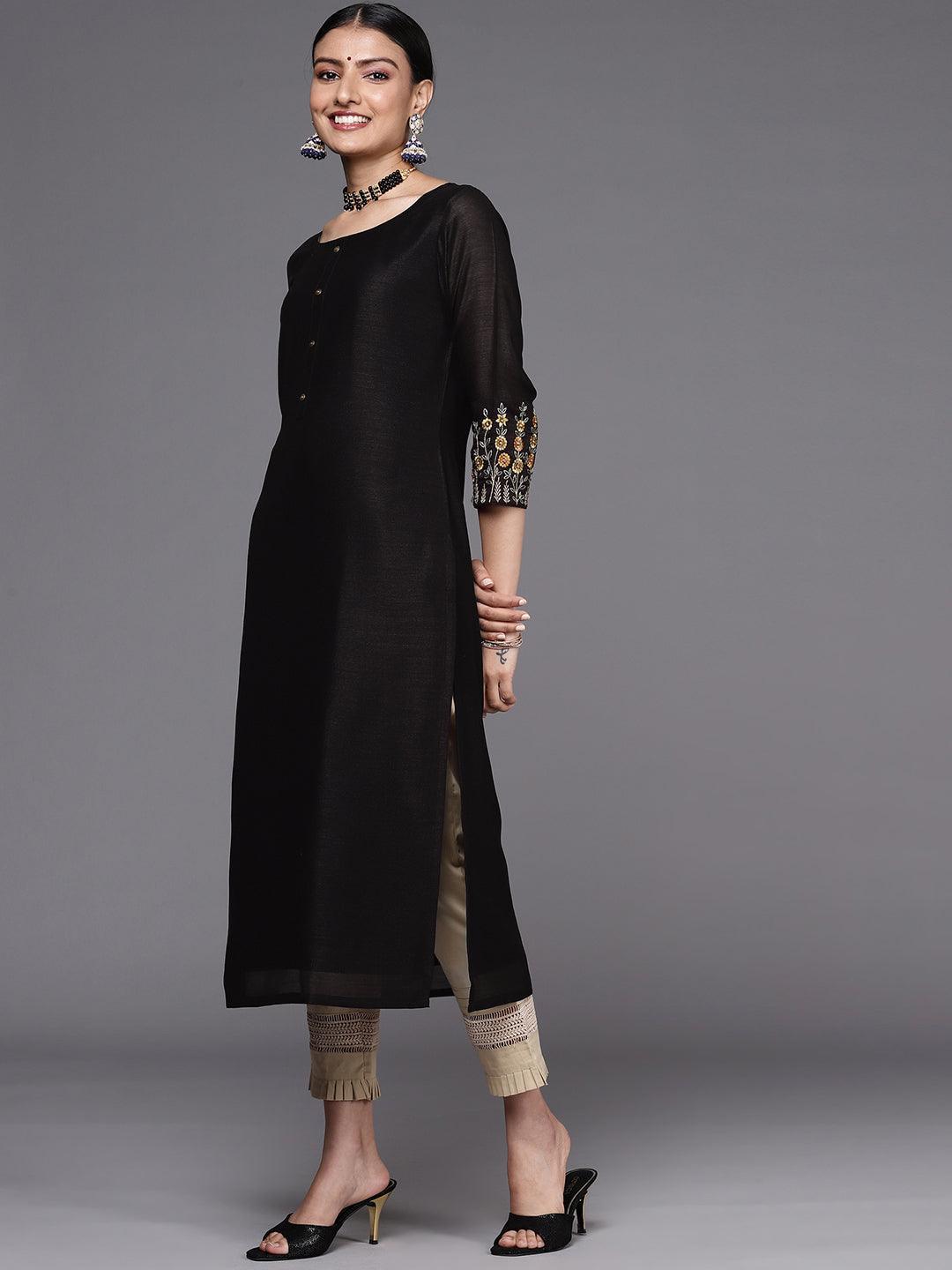 Black Solid Silk Straight Kurta - ShopLibas