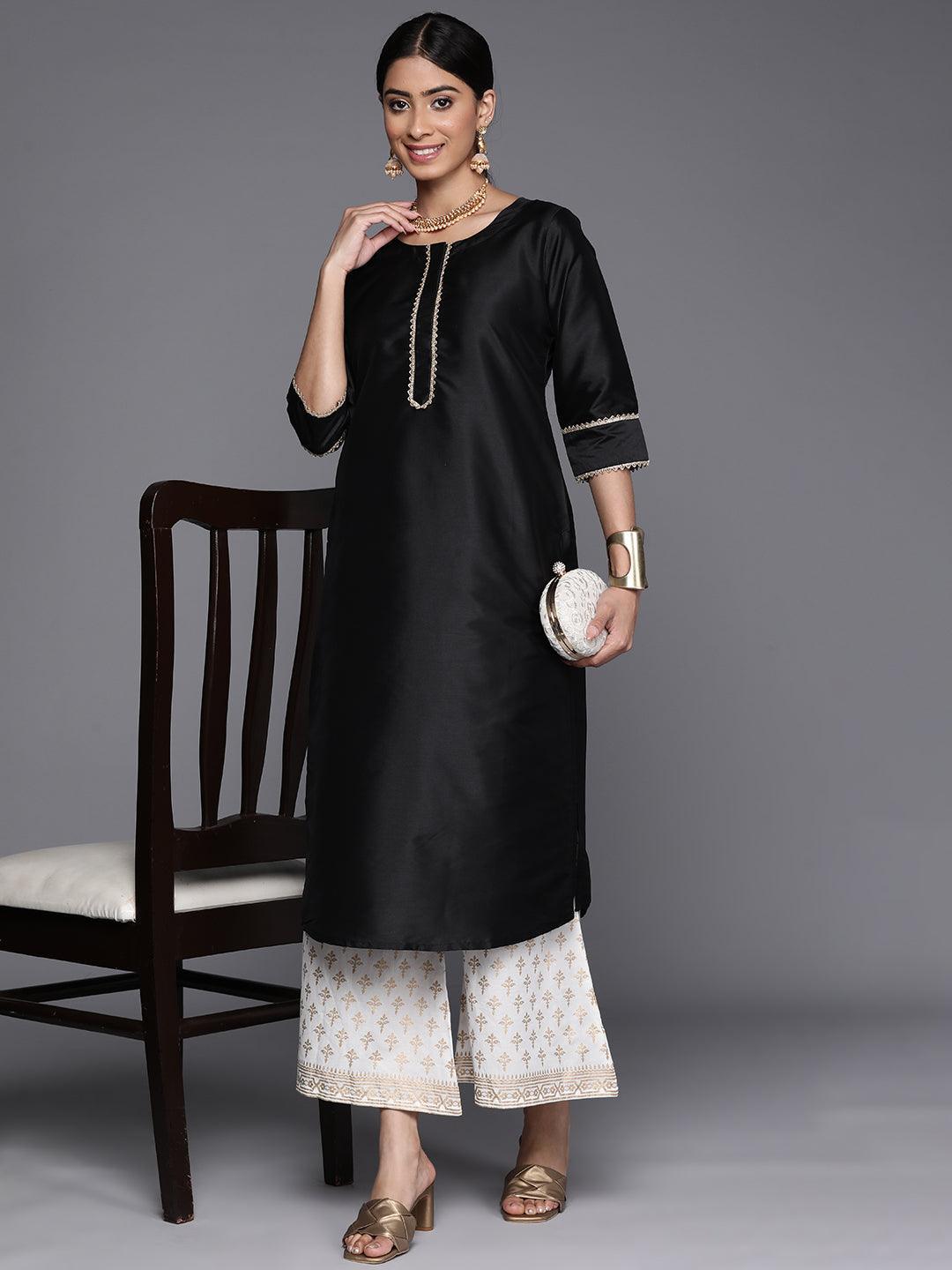 Black Solid Silk Straight Kurta - ShopLibas