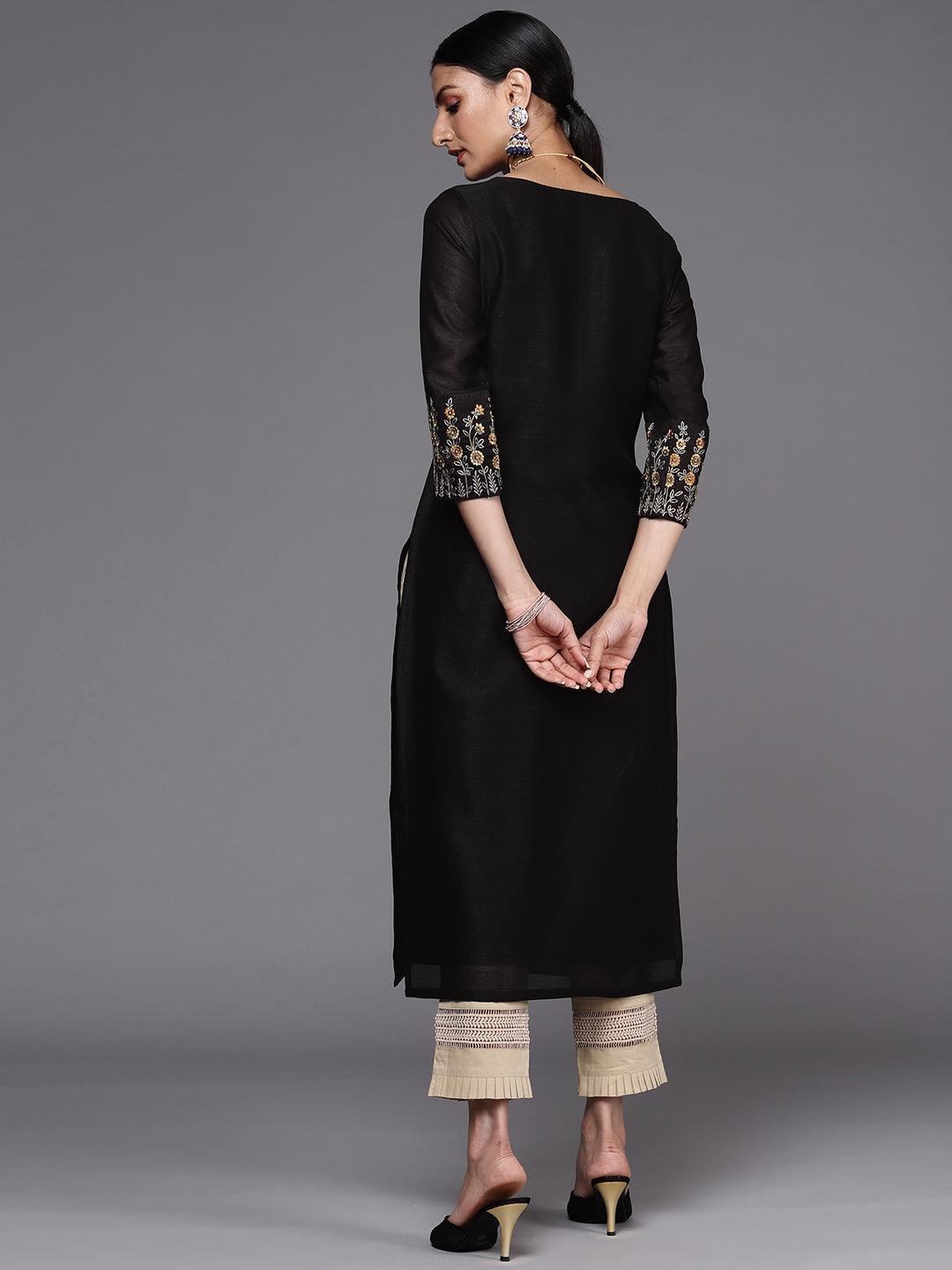Black Solid Silk Straight Kurta - ShopLibas