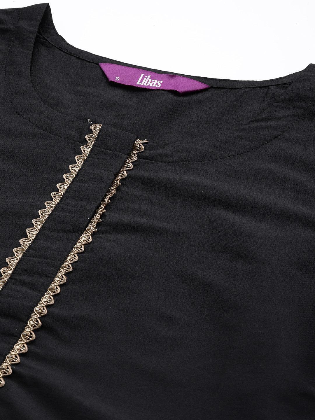 Black Solid Silk Straight Kurta - ShopLibas