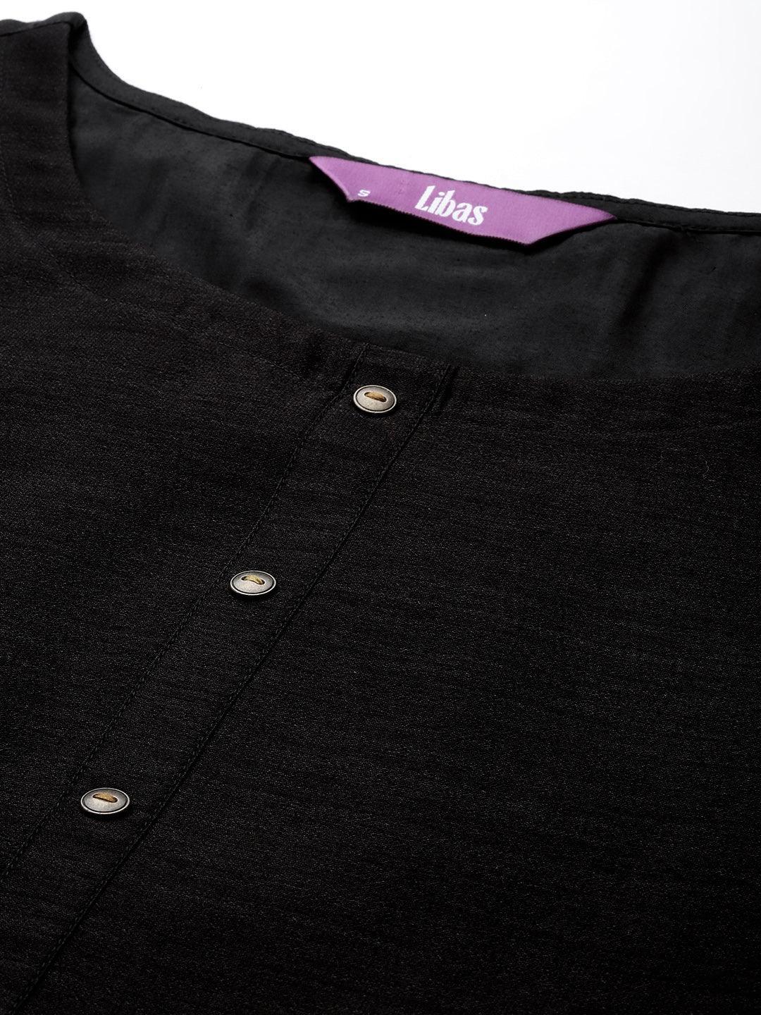 Black Solid Silk Straight Kurta - ShopLibas