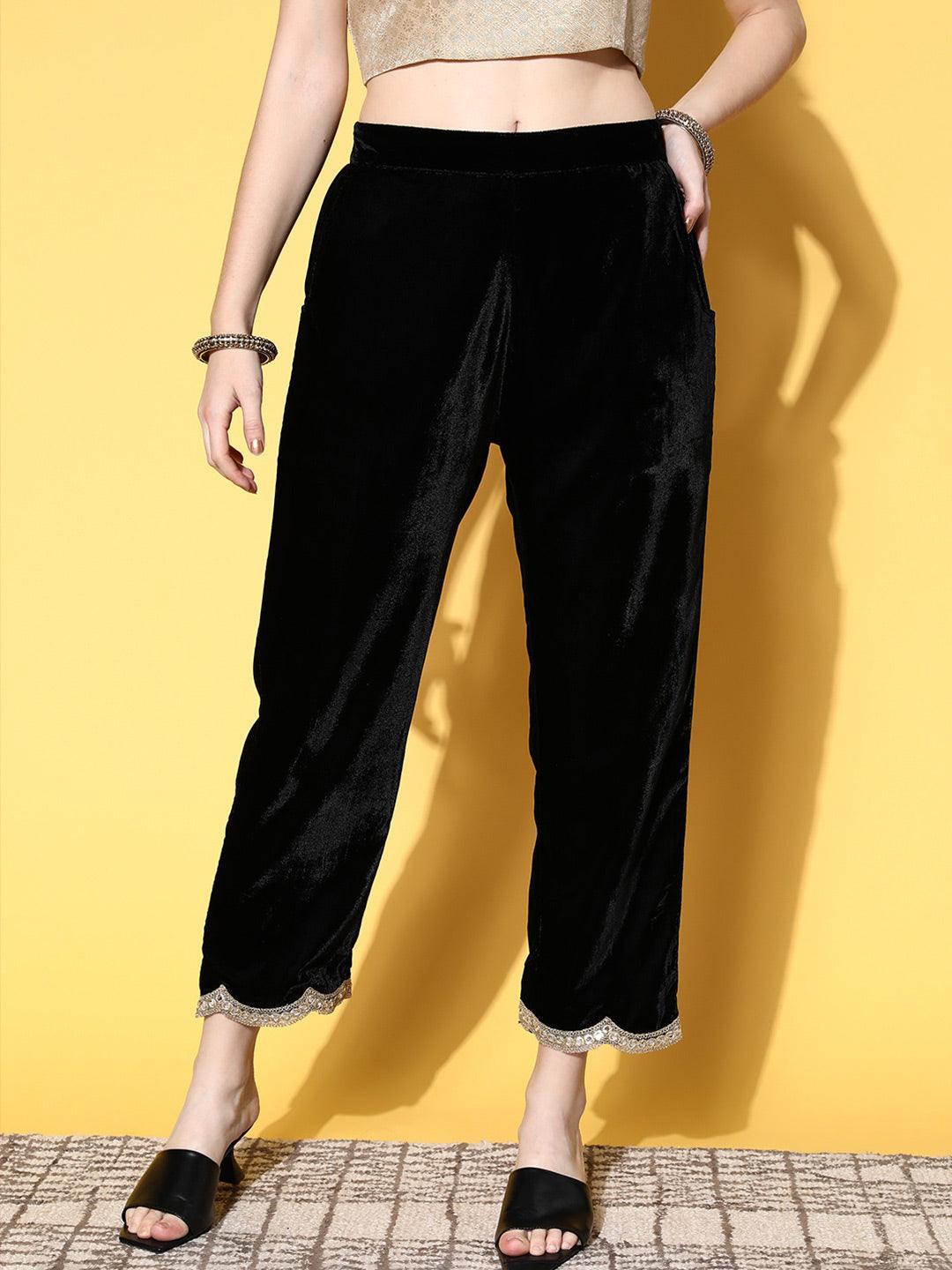 Black Solid Velvet Trousers - ShopLibas